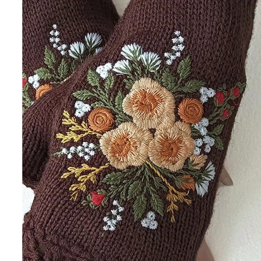 Cozy Floral Embroidered Fingerless Mittens